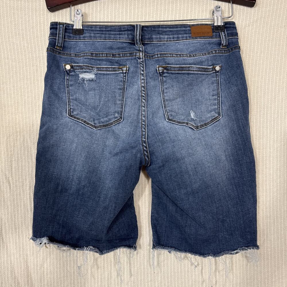 Judy Blue Denim Shorts Womens Large Distressed Raw Hem Stretch Mid Rise - Picture 6 of 10